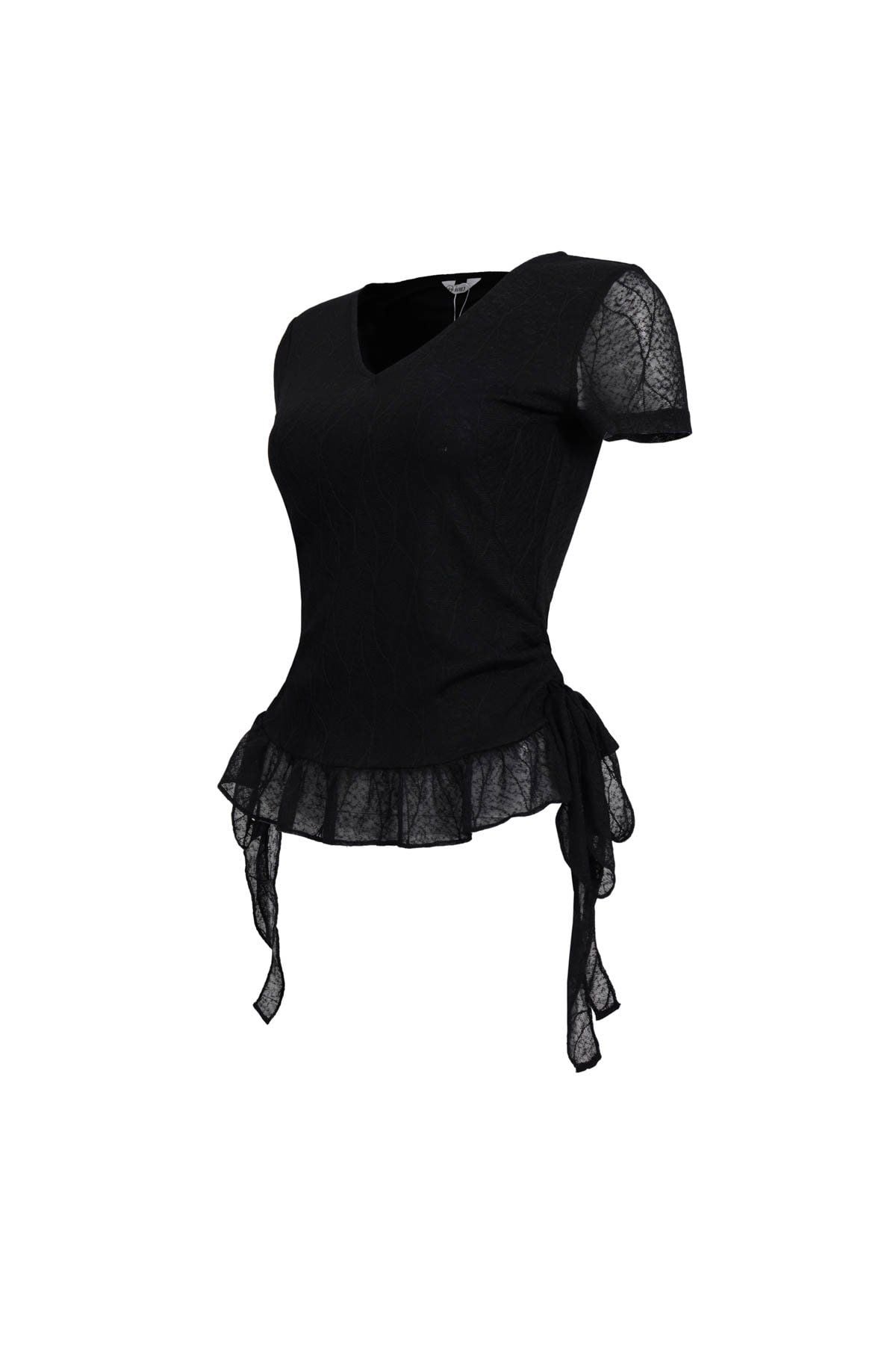 FAT3567 - Áo thun vải ren lưới hai lớp cổ xẻ V gấu áo đính ren tạo kiểu bên hông thắt dây nơ thời trang - JAN.