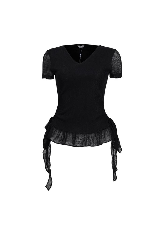 FAT3567 - Áo thun vải ren lưới hai lớp cổ xẻ V gấu áo đính ren tạo kiểu bên hông thắt dây nơ thời trang - JAN.