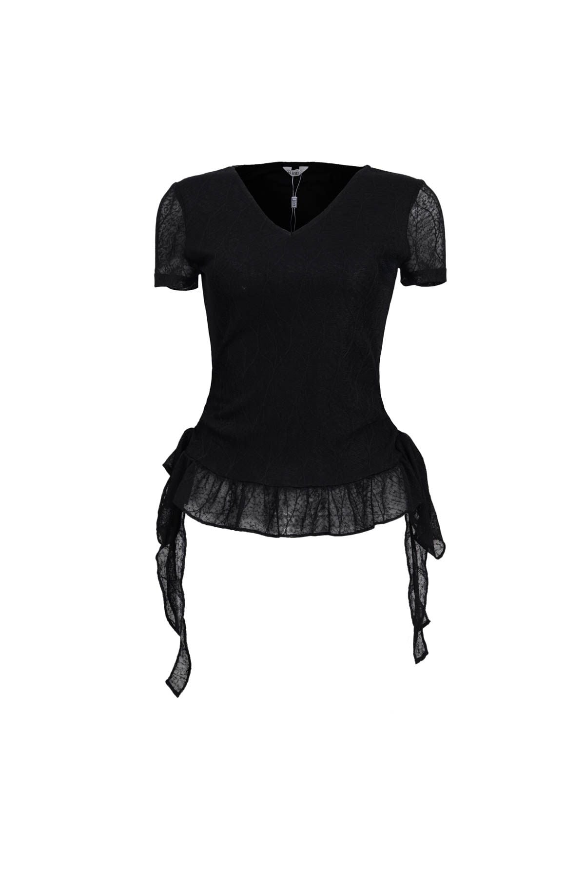 FAT3567 - Áo thun vải ren lưới hai lớp cổ xẻ V gấu áo đính ren tạo kiểu bên hông thắt dây nơ thời trang - JAN.