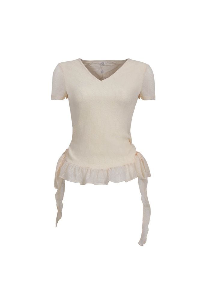 FAT3567 - Áo thun vải ren lưới hai lớp cổ xẻ V gấu áo đính ren tạo kiểu bên hông thắt dây nơ thời trang - JAN.