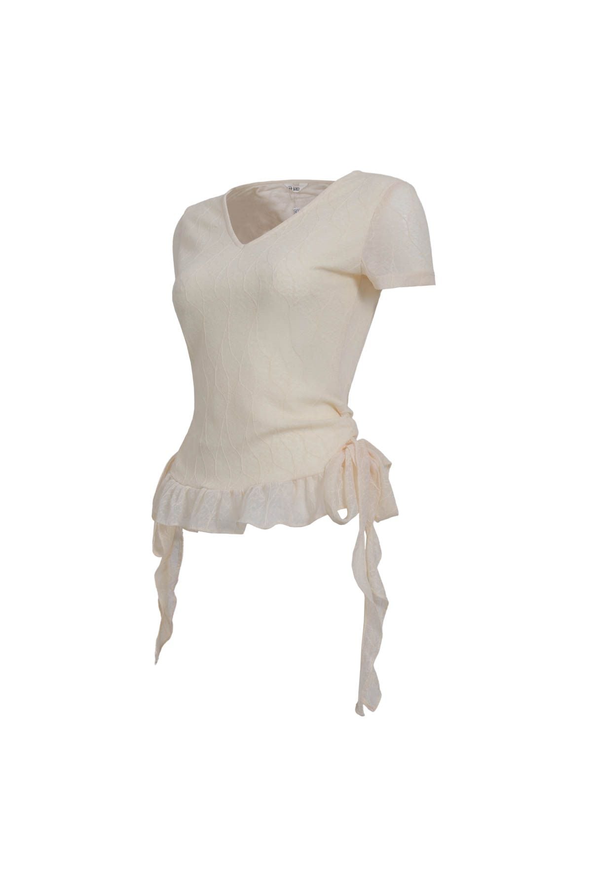 FAT3567 - Áo thun vải ren lưới hai lớp cổ xẻ V gấu áo đính ren tạo kiểu bên hông thắt dây nơ thời trang - JAN.