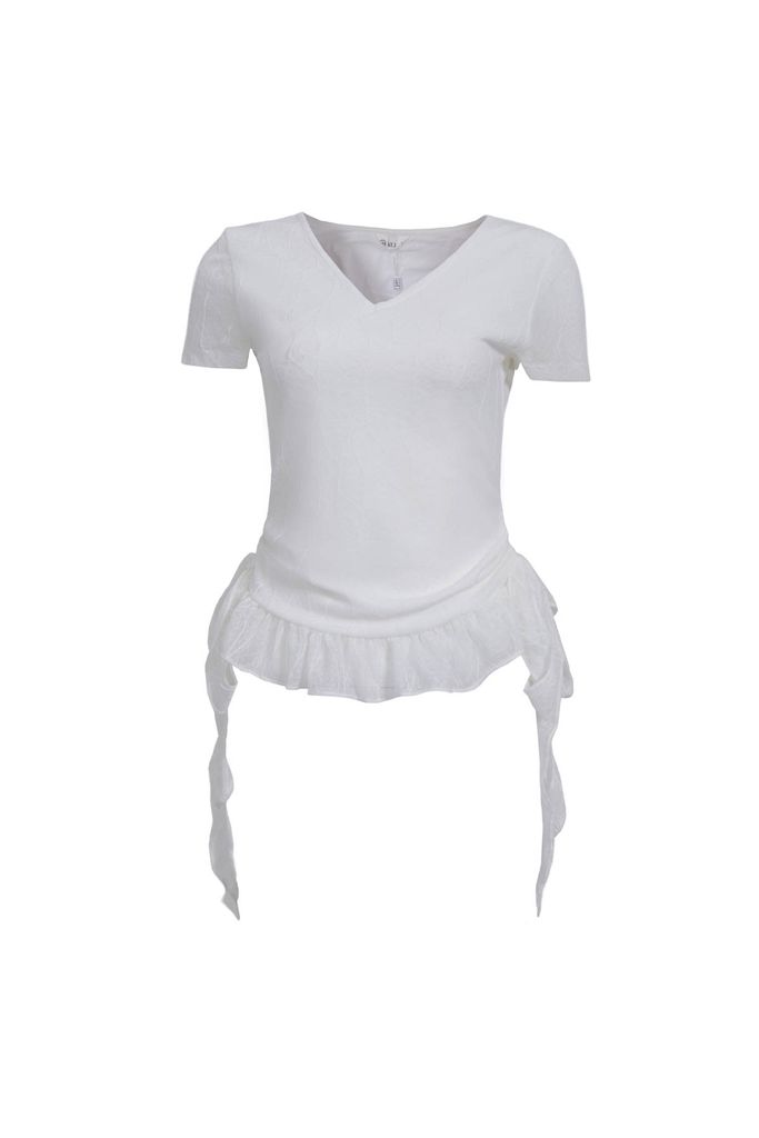 FAT3567 - Áo thun vải ren lưới hai lớp cổ xẻ V gấu áo đính ren tạo kiểu bên hông thắt dây nơ thời trang - JAN.