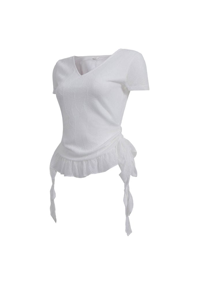 FAT3567 - Áo thun vải ren lưới hai lớp cổ xẻ V gấu áo đính ren tạo kiểu bên hông thắt dây nơ thời trang - JAN.