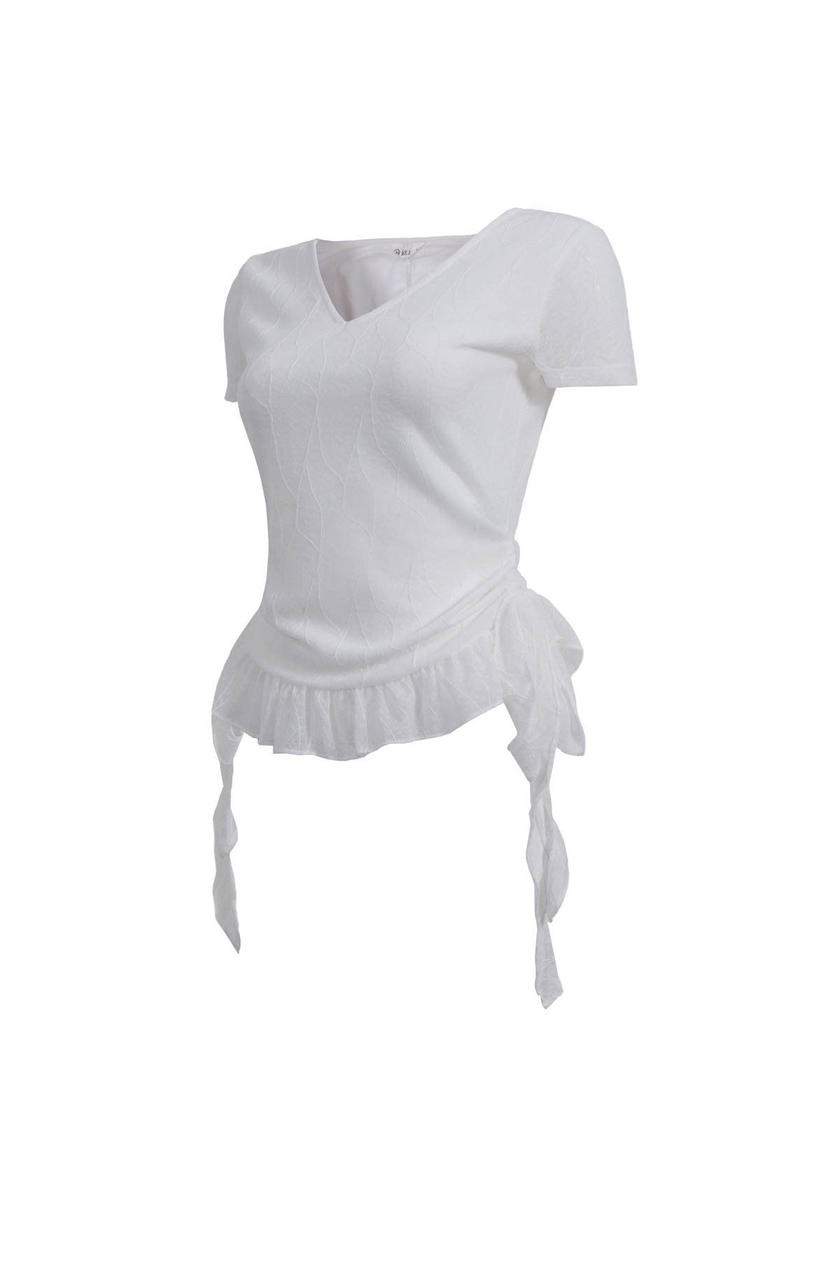 FAT3567 - Áo thun vải ren lưới hai lớp cổ xẻ V gấu áo đính ren tạo kiểu bên hông thắt dây nơ thời trang - JAN.