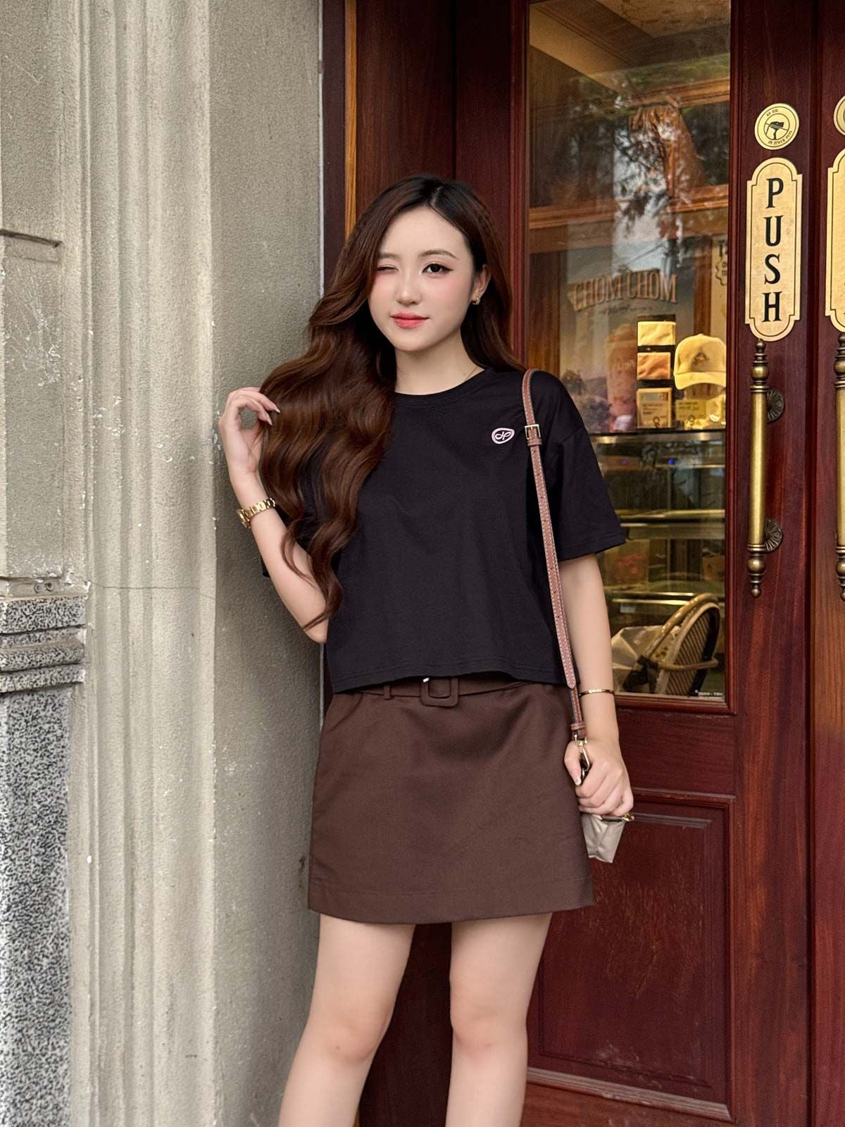 FJN5734 - Chân váy ngắn dạo phố vải kaki dáng chữ A cạp chun có đai lưng tạo kiểu - JAN.