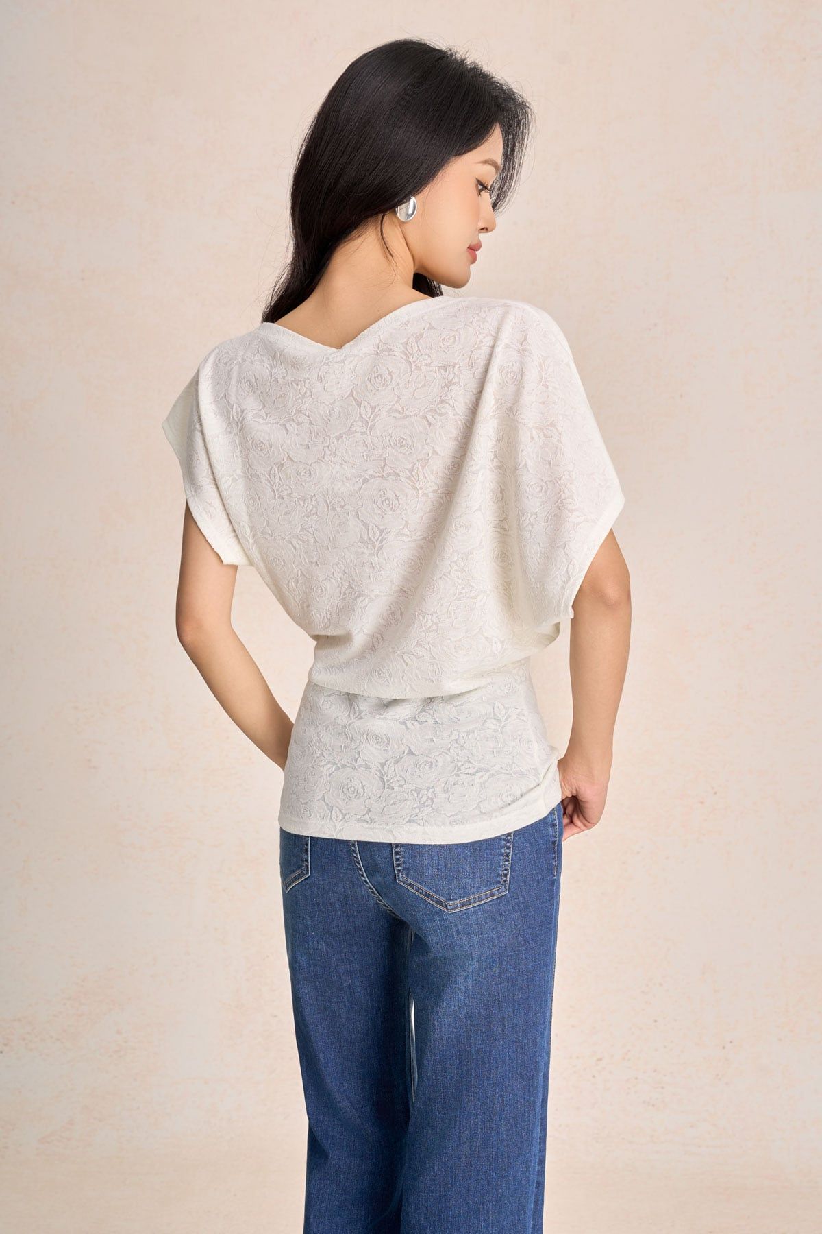 FAT3620 - Áo thun dệt kim vải len hoa dáng ôm cổ tròn tay cộc gấu áo ôm tạo kiểu - PANTIO