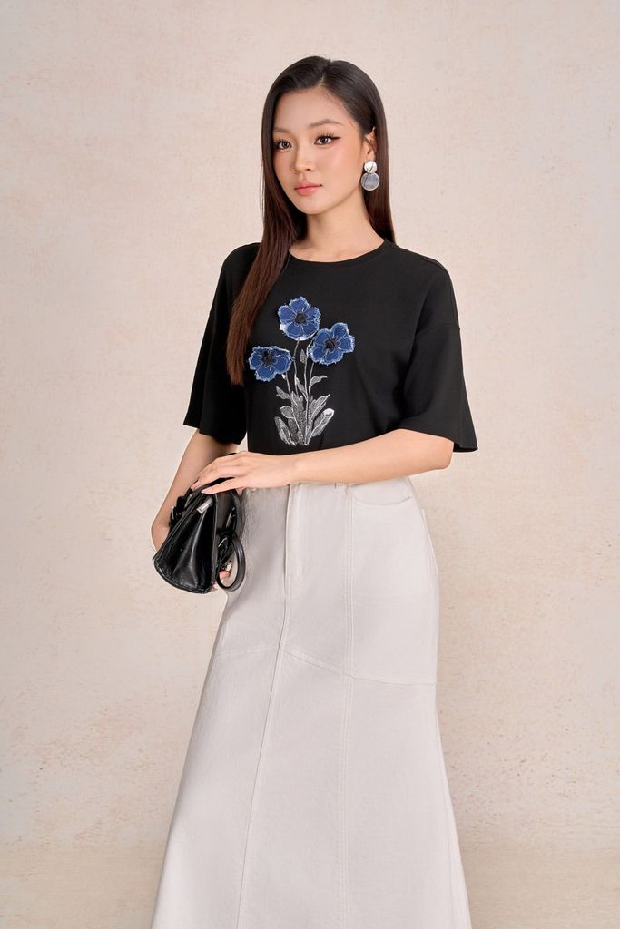 FAT3622 - Áo thun dệt kim sáng suông cổ tròn tay lỡ thân áo thêu hoạ tiết thời trang - PANTIO