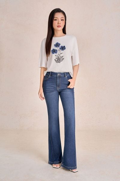 FAT3622 - Áo thun dệt kim sáng suông cổ tròn tay lỡ thân áo thêu hoạ tiết thời trang - PANTIO