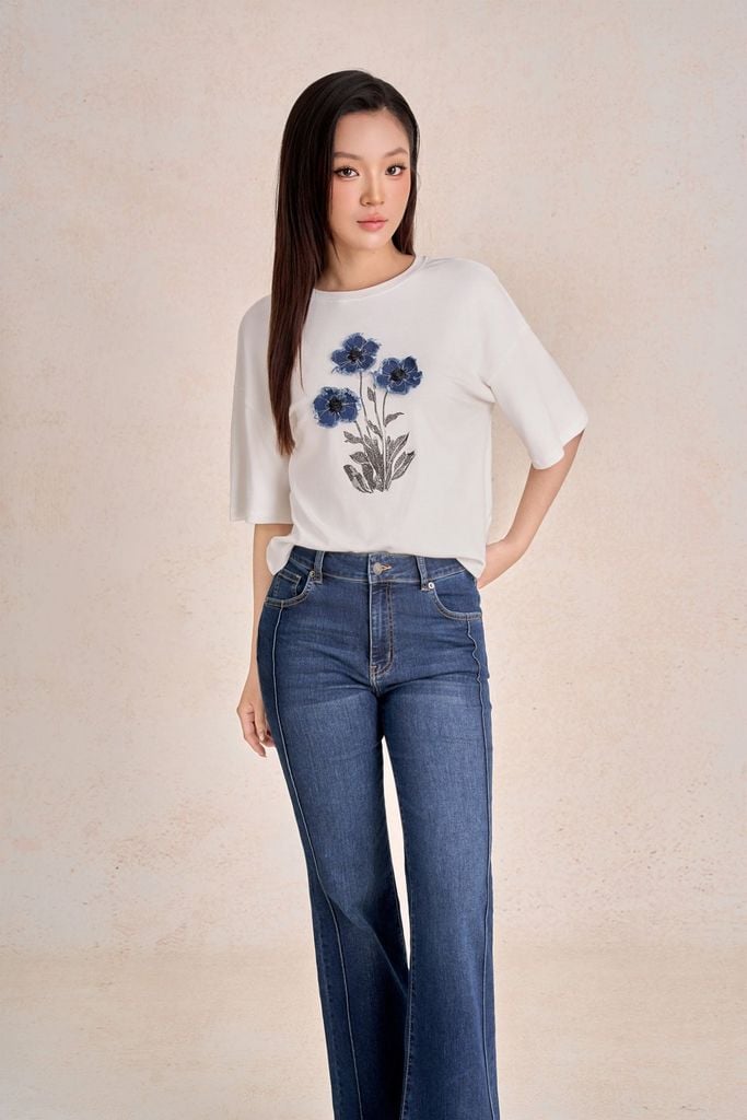 FAT3622 - Áo thun dệt kim sáng suông cổ tròn tay lỡ thân áo thêu hoạ tiết thời trang - PANTIO