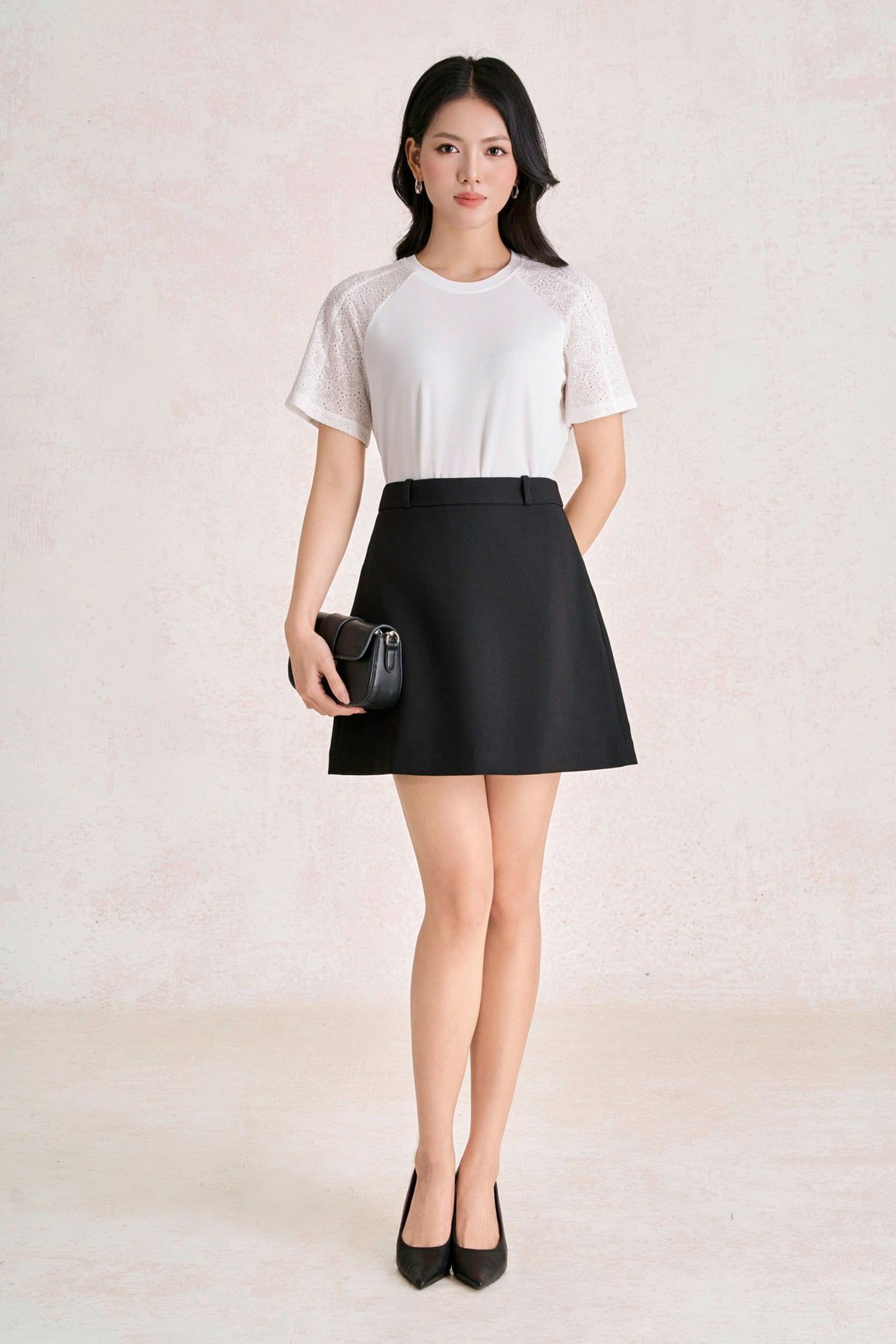 FAT3681 - Áo thun dệt kim vải len dáng suông cổ tròn tay cộc phối ren lưới thời trang - PANTIO
