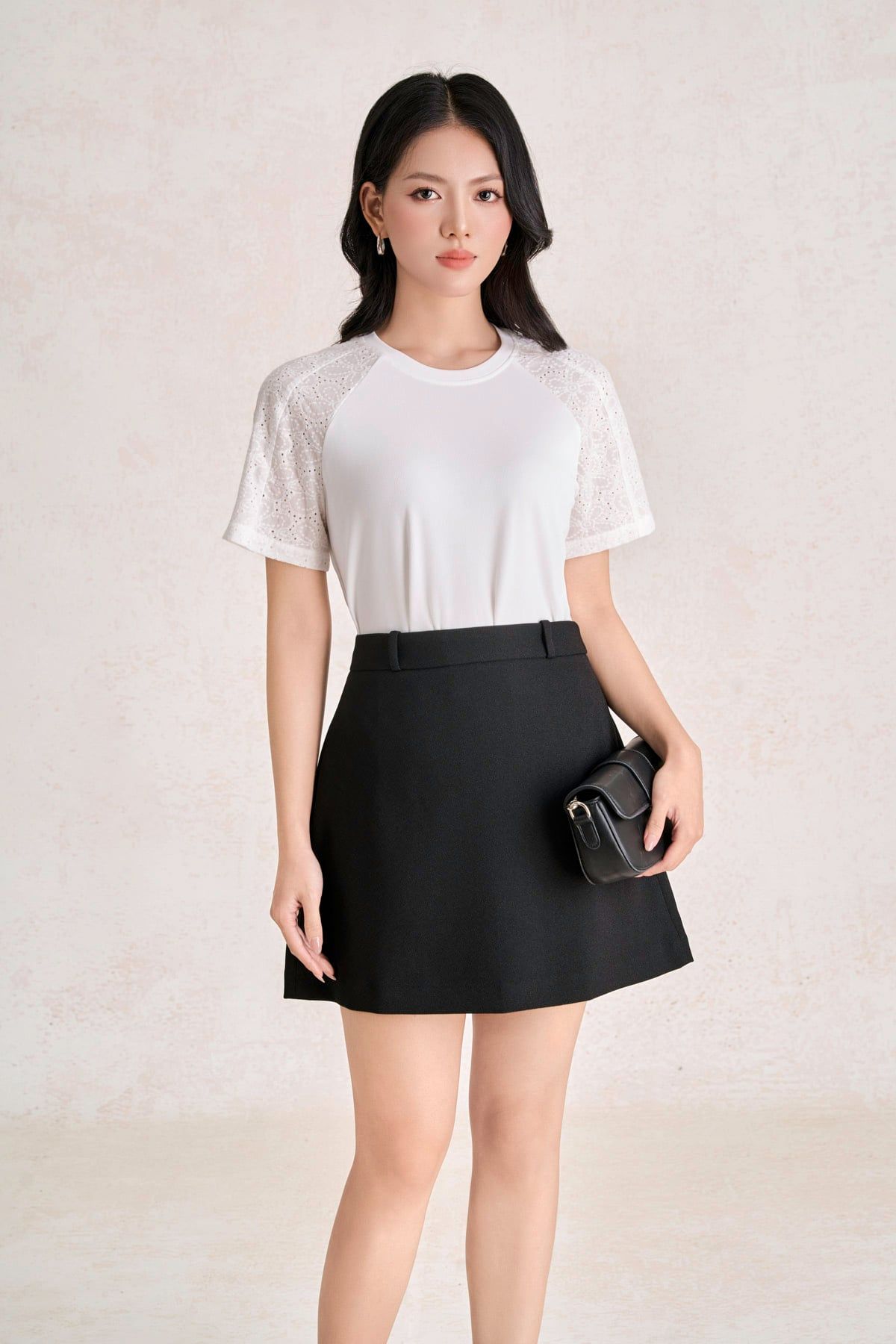 FAT3681 - Áo thun dệt kim vải len dáng suông cổ tròn tay cộc phối ren lưới thời trang - PANTIO