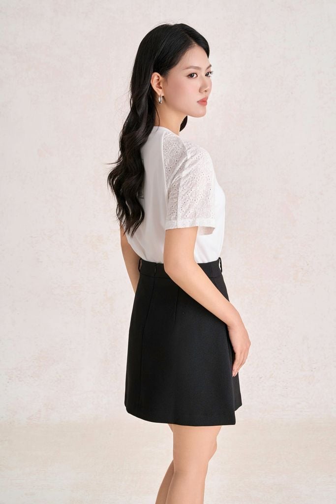 FAT3681 - Áo thun dệt kim vải len dáng suông cổ tròn tay cộc phối ren lưới thời trang - PANTIO