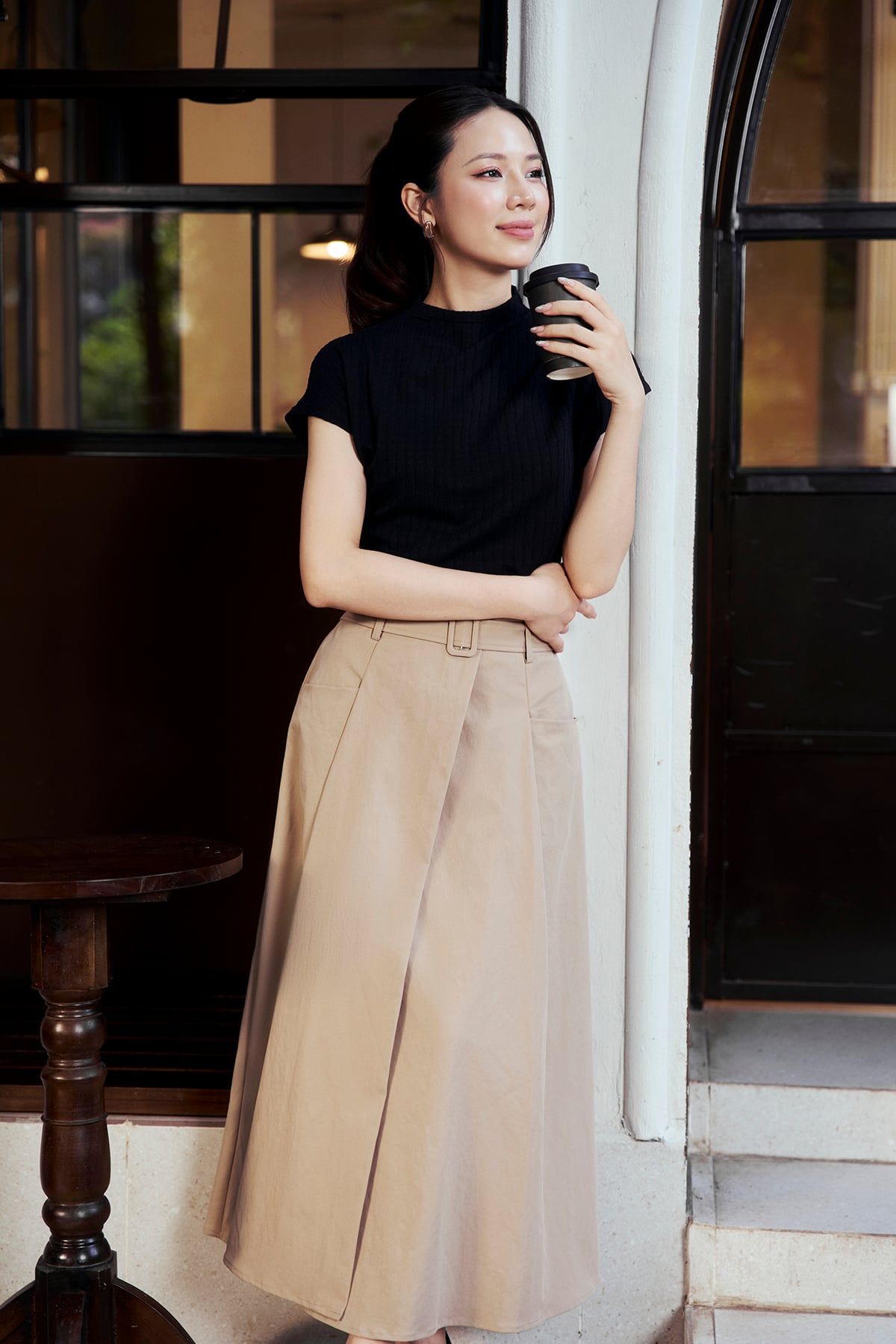 FJD31436 - Chân váy dài vải kaki dáng chữ A cạp cao thân váy xếp ly tạo kiểu khoá thân sau - PANTIO