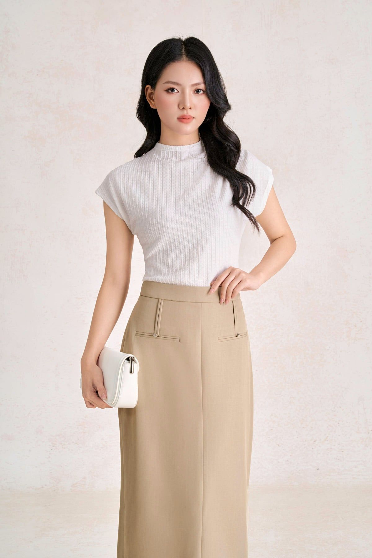 FJD51448 - Chân váy dài công sở vải thô đũi dáng suông cạp cao thân váy đính túi ốp tạo kiểu khoá thân sau - PANTIO