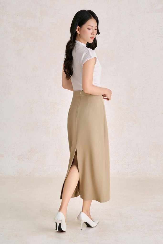 FJD51448 - Chân váy dài công sở vải thô đũi dáng suông cạp cao thân váy đính túi ốp tạo kiểu khoá thân sau - PANTIO
