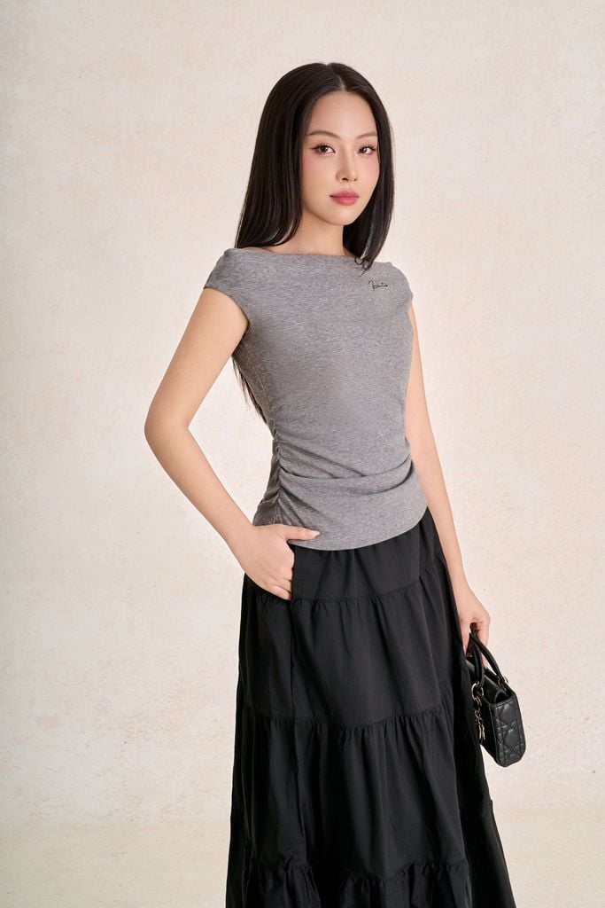 FAT3690 - Áo thun dệt kim vải len dáng ôm cổ thuyền tay chờm thân áo phối nhún eo thời trang - PANTIO