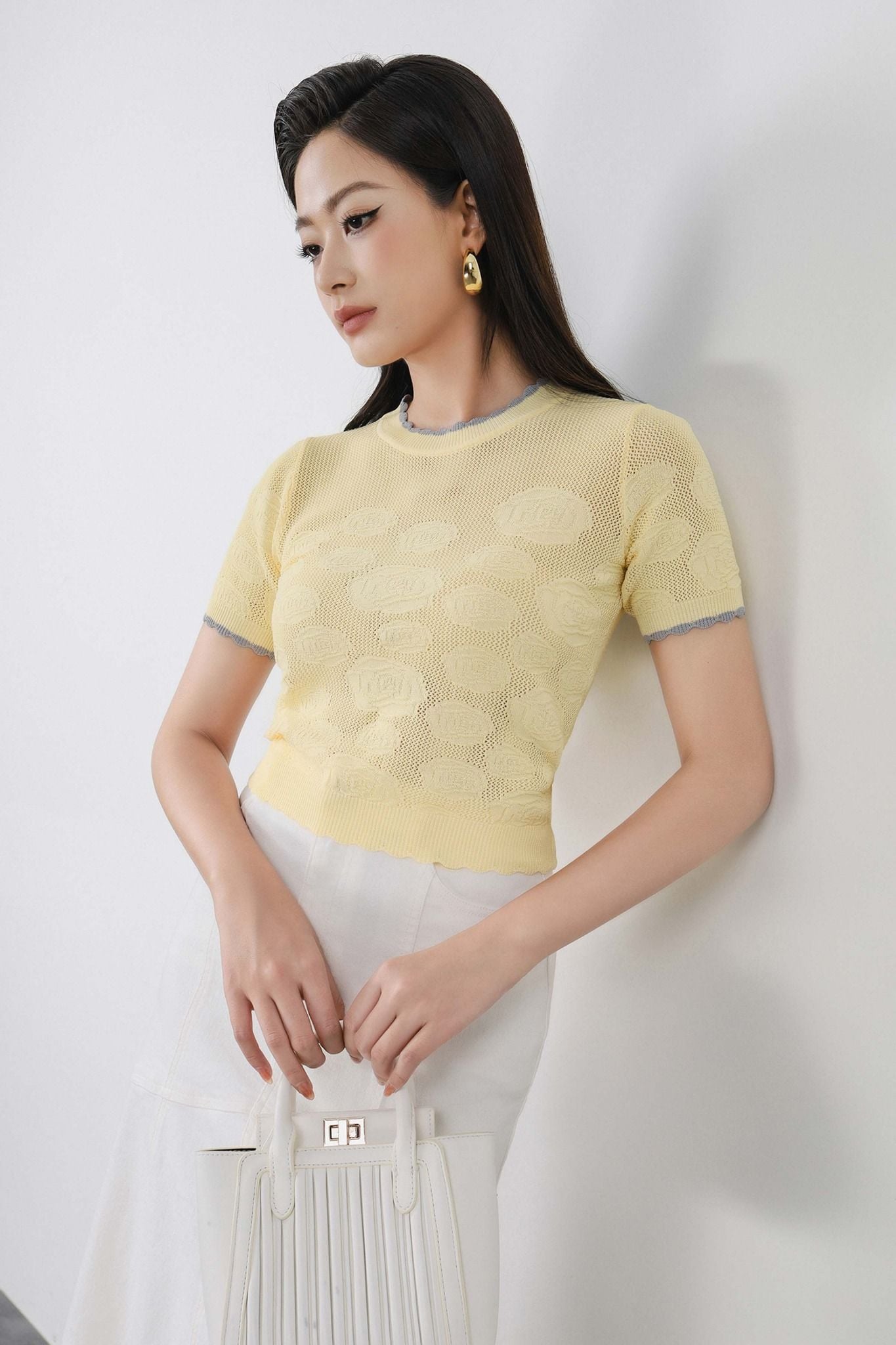 FAT5505 - Áo thun dệt kim cao cấp vải len co giãn dáng ôm cổ tròn tay ngắn gấu áo ôm tạo kiểu - PANTIO