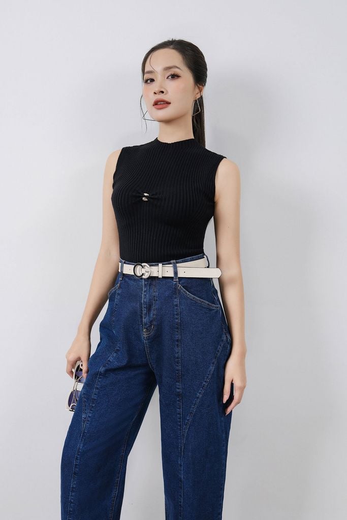 FAT5511 - Áo thun dệt kim cao cấp vải len dáng ôm cổ cao ngực áo đính phụ kiện thời trang - PANTIO