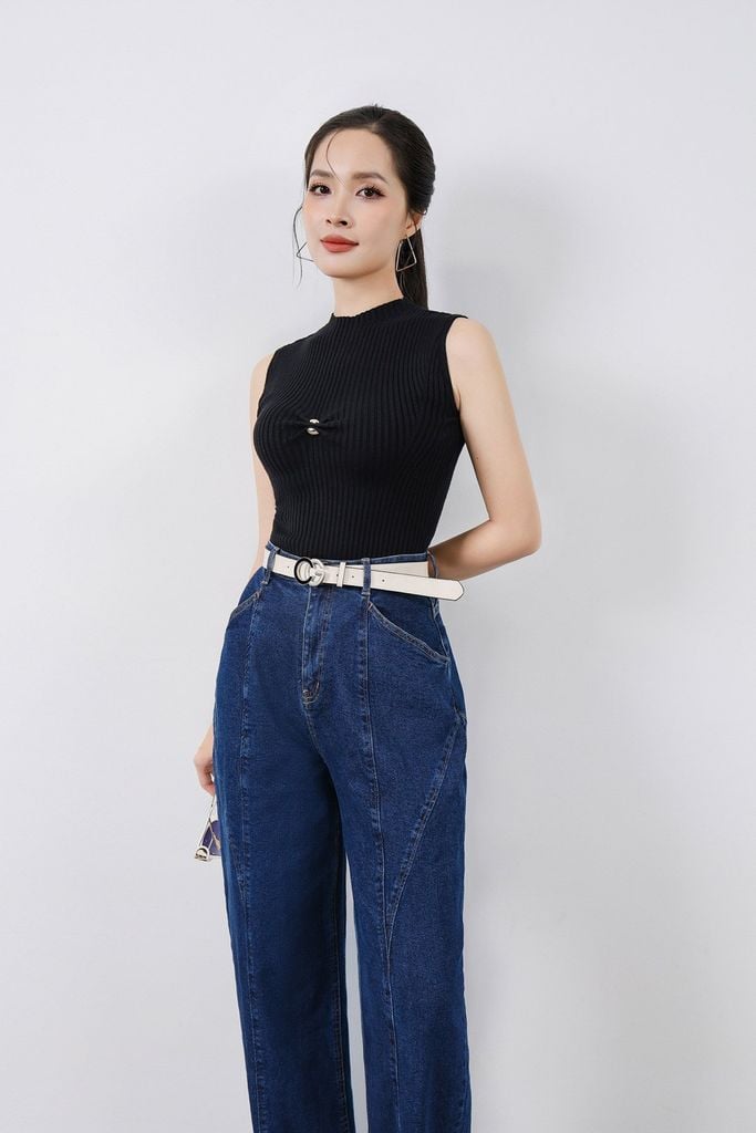 FAT5511 - Áo thun dệt kim cao cấp vải len dáng ôm cổ cao ngực áo đính phụ kiện thời trang - PANTIO