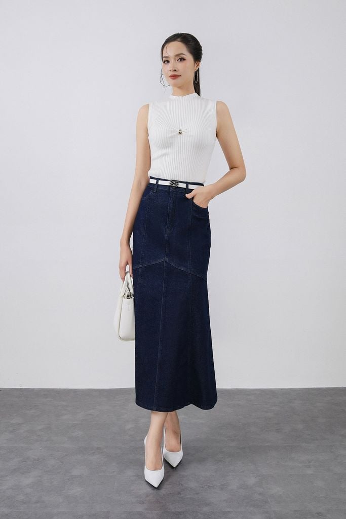 FJB038 - Chân váy jean cao cấp vải denim dáng A thân váy phối đường viền thời trang khoá thân trước - PANTIO