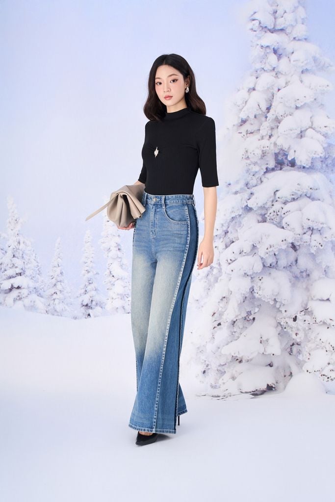 FQB202 - Quần jean dạo phố vải denim dáng suông ống rộng phối đường gân thời trang khoá thân trước - PANTIO