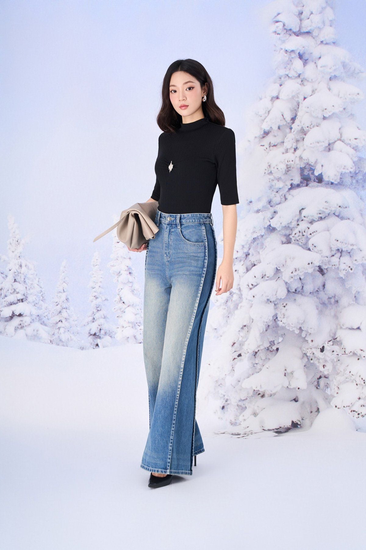 FQB202 - Quần jean dạo phố vải denim dáng suông ống rộng phối đường gân thời trang khoá thân trước - PANTIO