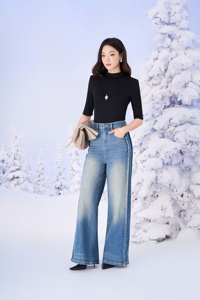 FQB202 - Quần jean dạo phố vải denim dáng suông ống rộng phối đường gân thời trang khoá thân trước - PANTIO