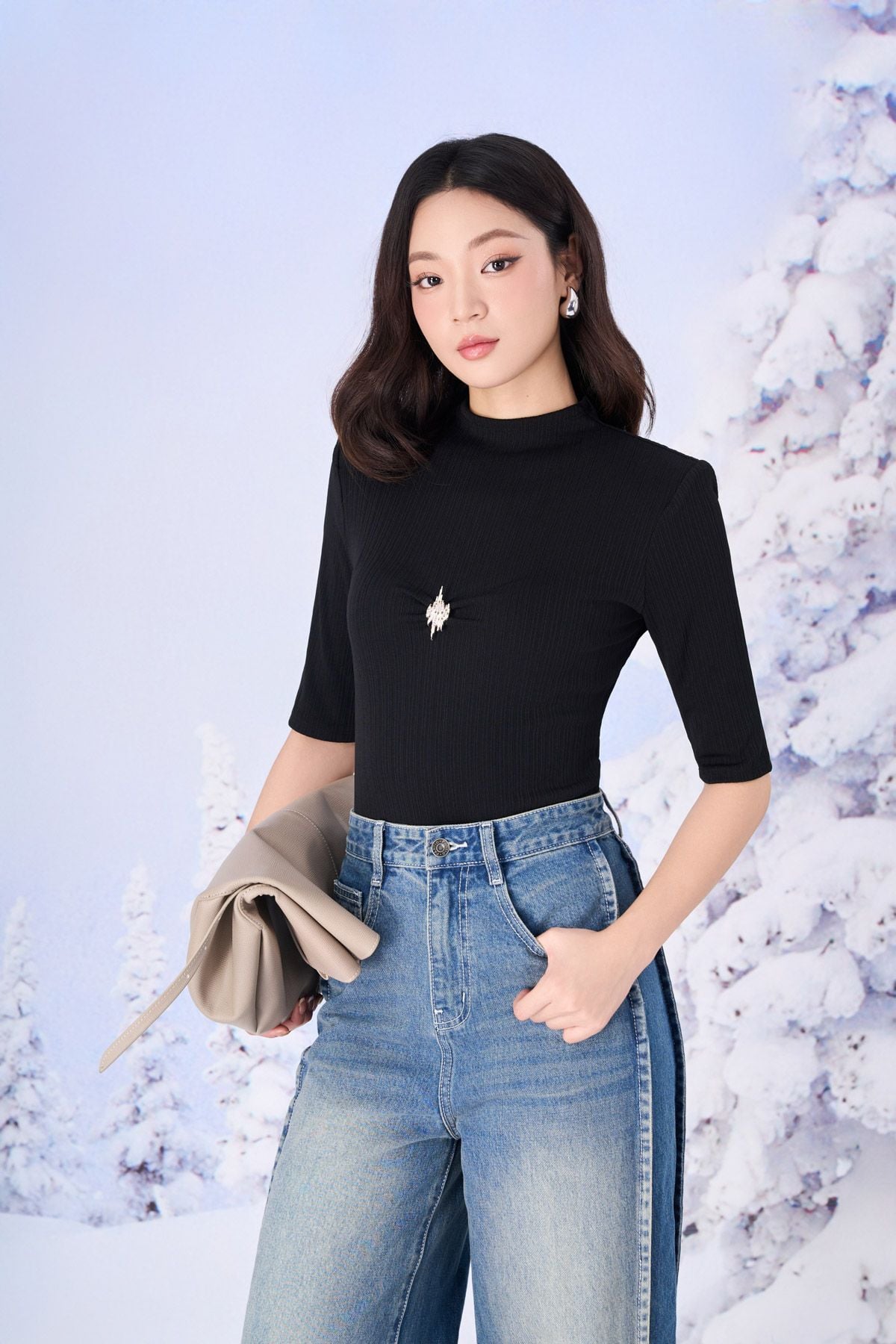 FQB202 - Quần jean dạo phố vải denim dáng suông ống rộng phối đường gân thời trang khoá thân trước - PANTIO