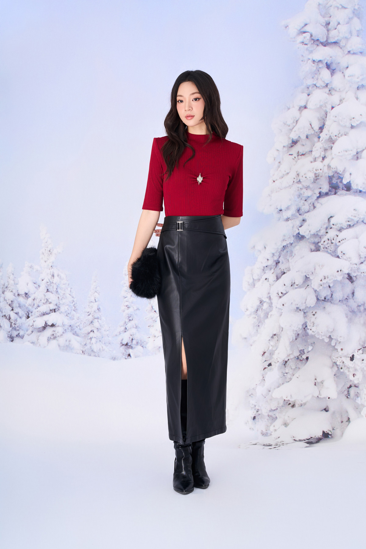 FJD51354 - Chân váy dài vải da cao cấp dáng suông eo phối vạt thời trang hông xẻ tà khoá thân sau - PANTIO