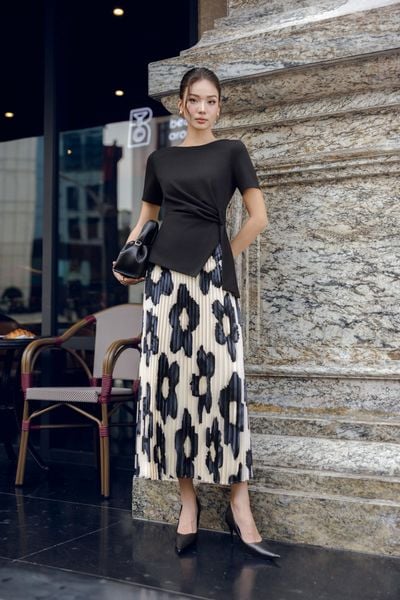 FJD11371 - Chân váy dài công sở vải thô lụa dập ly thân váy hoạ tiết thời trang cạp chun co giãn - PANTIO