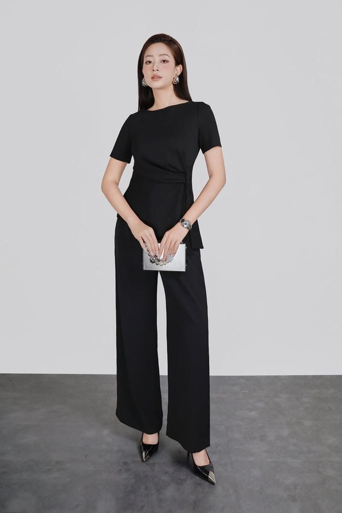 FAT7517 - Áo thun vải cotton dáng peplum cổ thuyền tay ngắn bên hông phối vạt lệch tạo kiểu - PANTIO