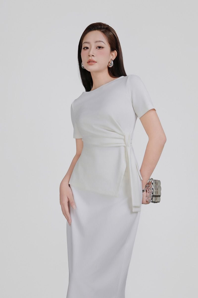 FAT7517 - Áo thun vải cotton dáng peplum cổ thuyền tay ngắn bên hông phối vạt lệch tạo kiểu - PANTIO