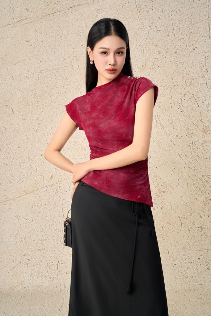 FJD91257 - Chân váy dài công sở vải lụa dày dáng suông eo phối cạp bản to đính dây nơ tạo kiểu - PANTIO