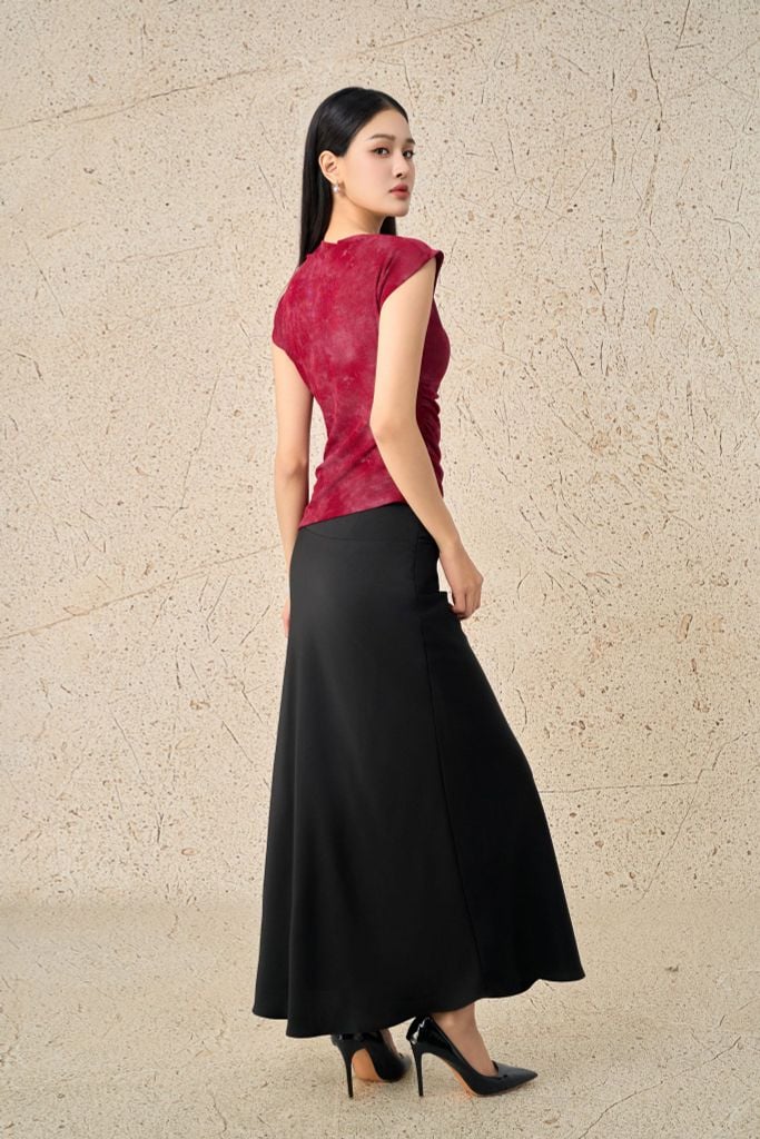 FJD91257 - Chân váy dài công sở vải lụa dày dáng suông eo phối cạp bản to đính dây nơ tạo kiểu - PANTIO