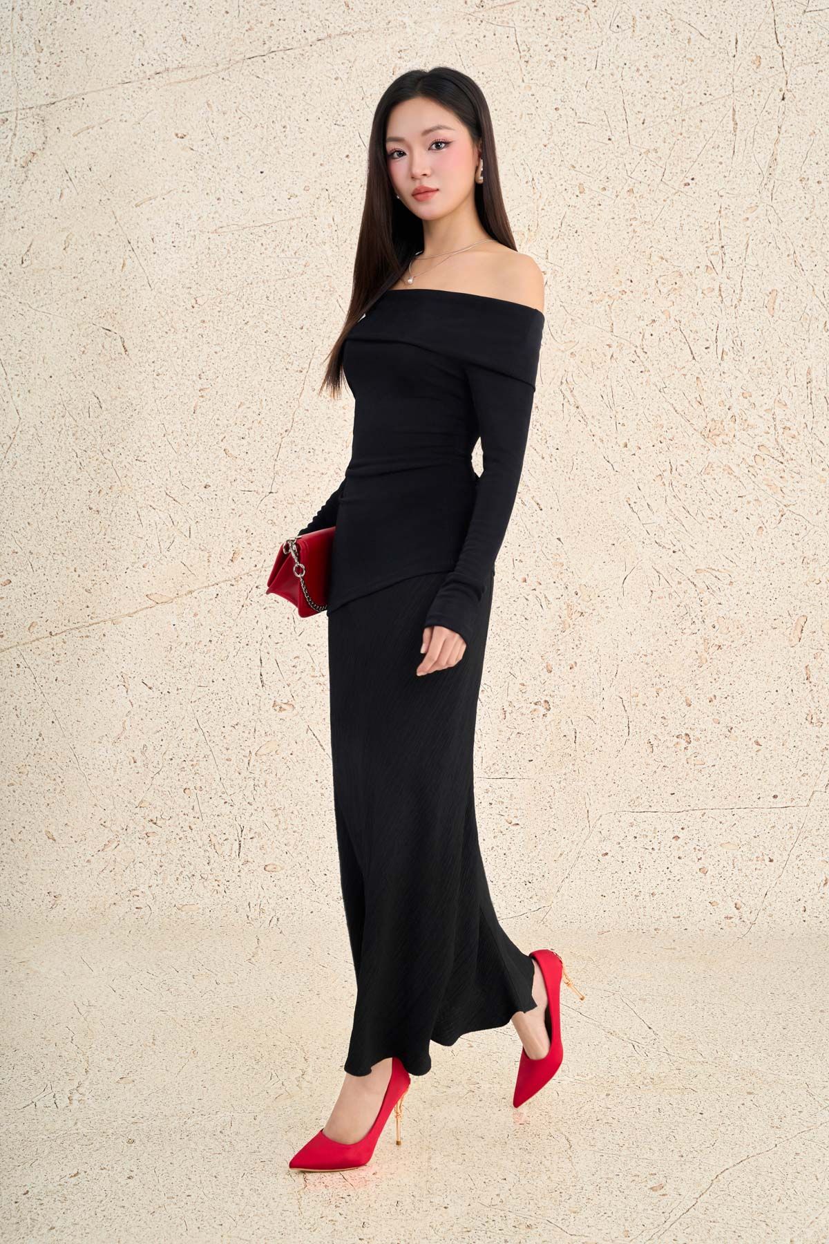 FAT7528 - Áo thun dệt kim vải len dáng ôm trễ vai tay dài thời trang - PANTIO