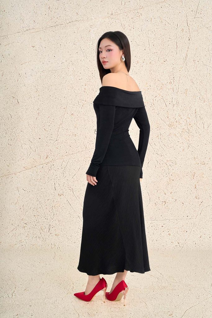 FAT7528 - Áo thun dệt kim vải len dáng ôm trễ vai tay dài thời trang - PANTIO