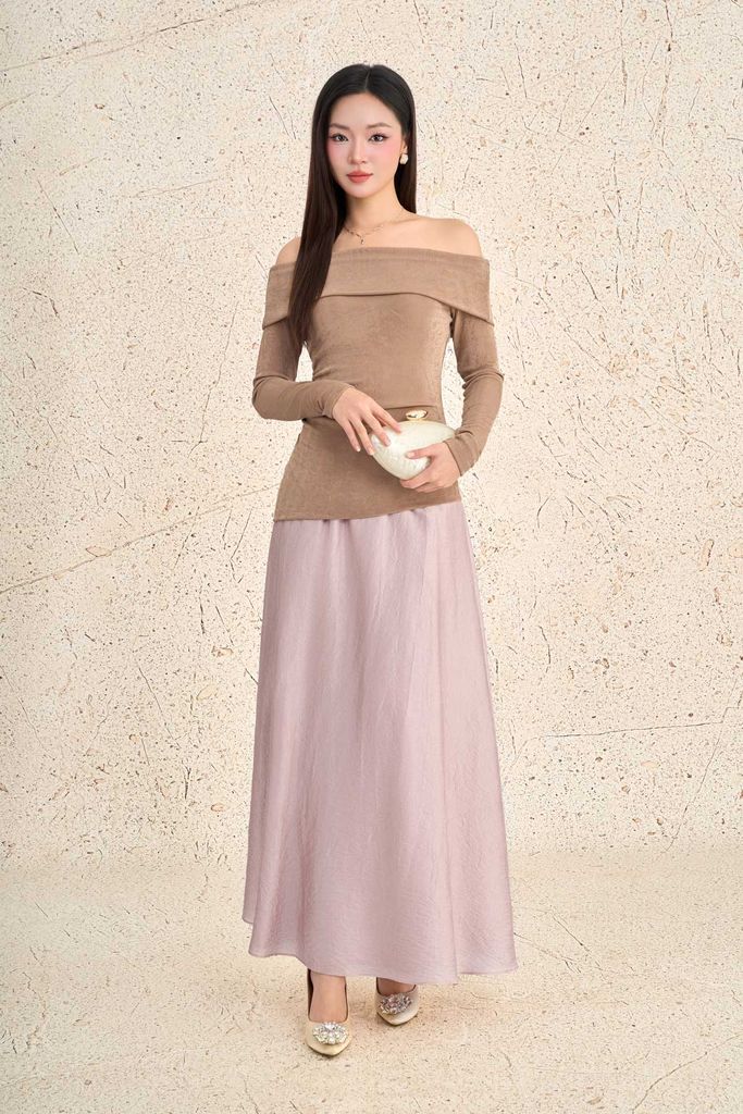 FAT7528 - Áo thun dệt kim vải len dáng ôm trễ vai tay dài thời trang - PANTIO