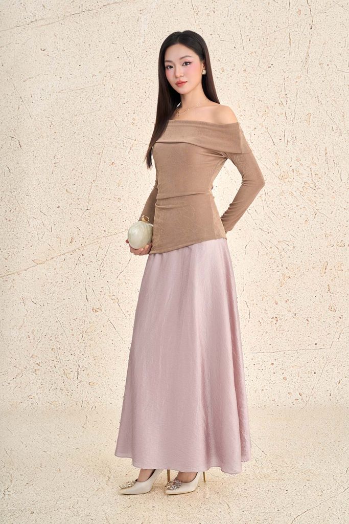 FAT7528 - Áo thun dệt kim vải len dáng ôm trễ vai tay dài thời trang - PANTIO