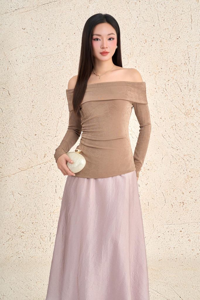 FAT7528 - Áo thun dệt kim vải len dáng ôm trễ vai tay dài thời trang - PANTIO