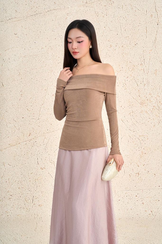 FAT7528 - Áo thun dệt kim vải len dáng ôm trễ vai tay dài thời trang - PANTIO