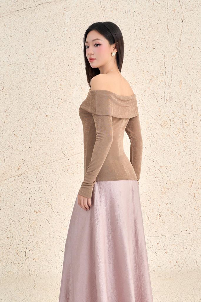 FAT7528 - Áo thun dệt kim vải len dáng ôm trễ vai tay dài thời trang - PANTIO