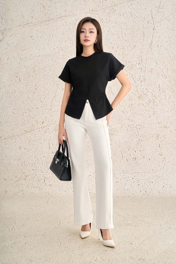 FAT7556 - Áo thun dệt kim vải cotton dáng ôm cổ tròn tay ngắn chiết eo gấu áo xẻ tạo kiểu - PANTIO