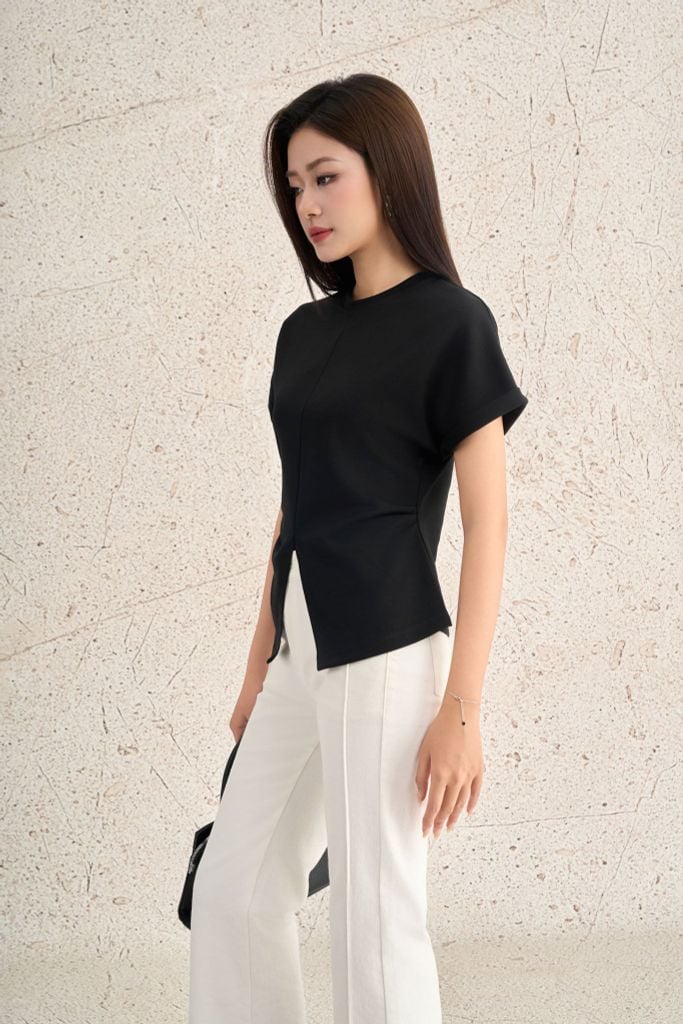 FAT7556 - Áo thun dệt kim vải cotton dáng ôm cổ tròn tay ngắn chiết eo gấu áo xẻ tạo kiểu - PANTIO