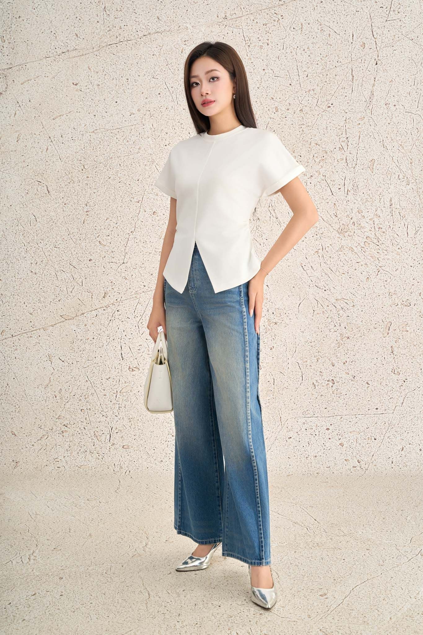 FAT7556 - Áo thun dệt kim vải cotton dáng ôm cổ tròn tay ngắn chiết eo gấu áo xẻ tạo kiểu - PANTIO