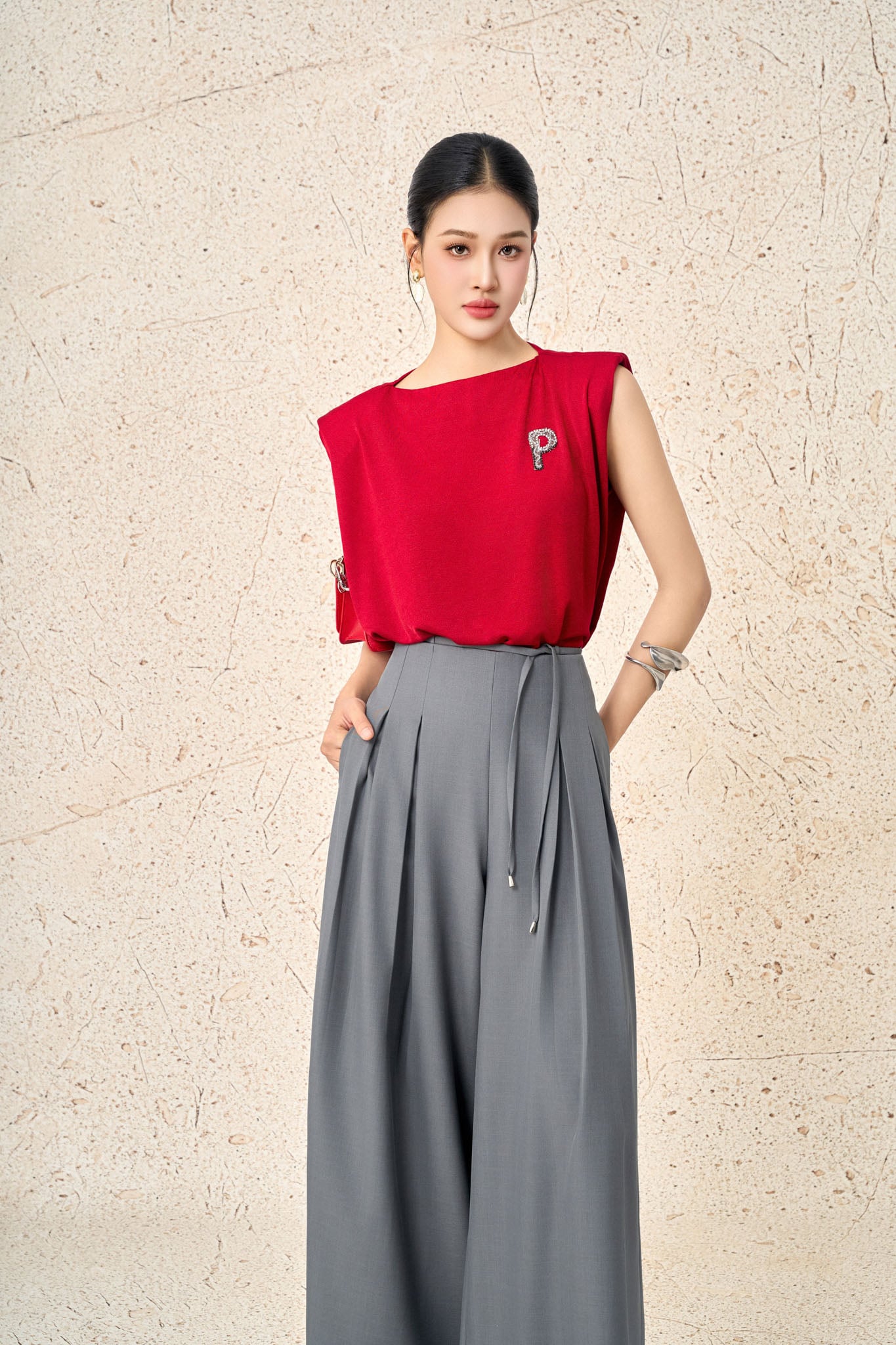 FQD51185 - Quần dài công sở vải thô dáng suông ống rộng phối ly tạo kiểu cạp có dây thắt thời trang - PANTIO