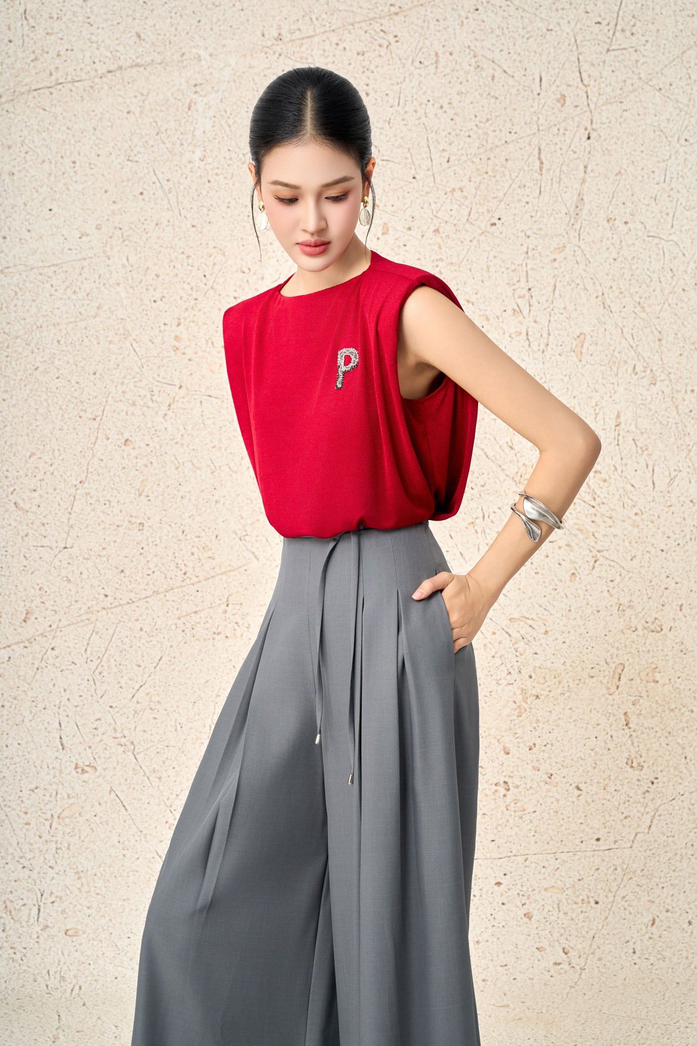 FQD51185 - Quần dài công sở vải thô dáng suông ống rộng phối ly tạo kiểu cạp có dây thắt thời trang - PANTIO