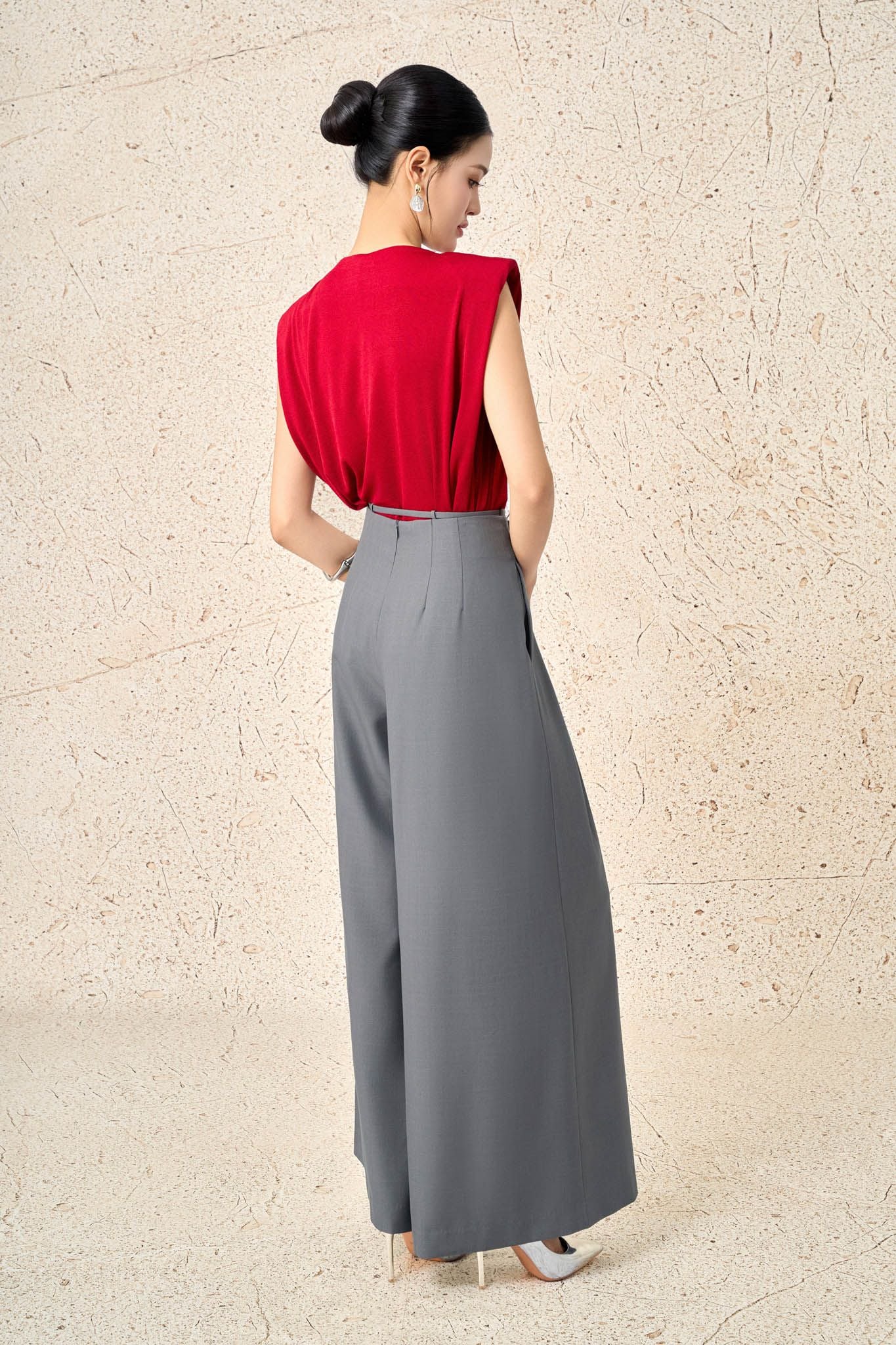 FQD51185 - Quần dài công sở vải thô dáng suông ống rộng phối ly tạo kiểu cạp có dây thắt thời trang - PANTIO