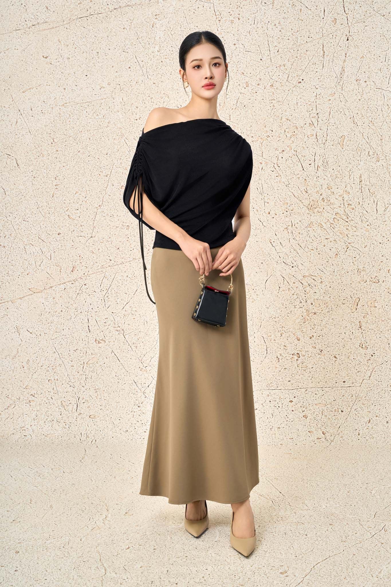 FAT7564 - Áo thun vải len cao cấp cổ kiểu lệch vai áo phối dây rút tạo kiểu eo nhún thời trang - PANTIO