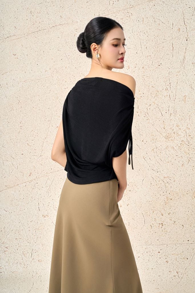 FAT7564 - Áo thun vải len cao cấp cổ kiểu lệch vai áo phối dây rút tạo kiểu eo nhún thời trang - PANTIO