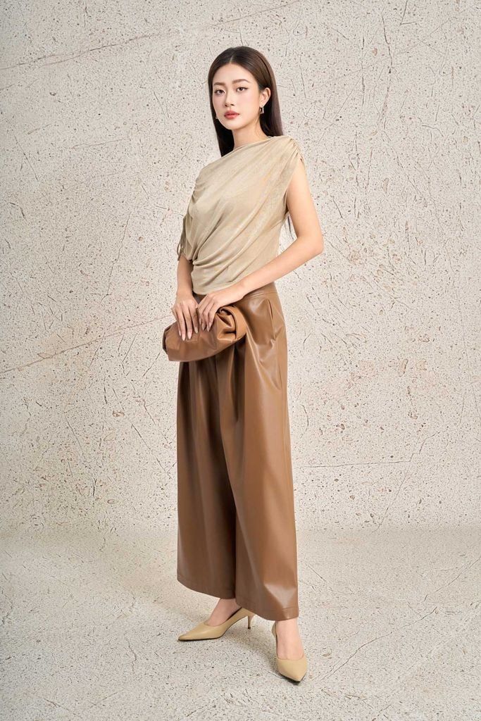 FAT7564 - Áo thun vải len cao cấp cổ kiểu lệch vai áo phối dây rút tạo kiểu eo nhún thời trang - PANTIO